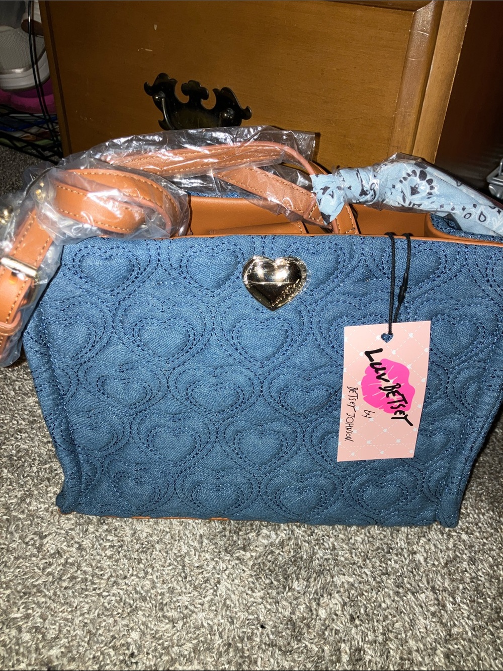 Betsey Johnson Blue Quilted Heart Satchel with Tan Straps New